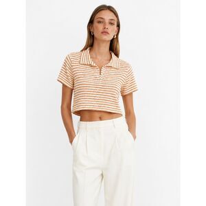 Zara Textured Knit Polo Top Orange Cream Striped Cropped Shirt Collared L NEW